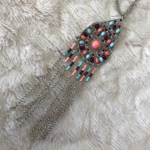 Vanity long turquoise/coral/wine colored necklace - Picture 1 of 3